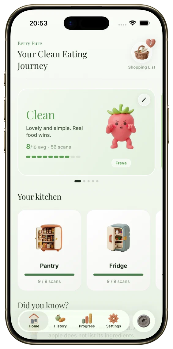 Berry Pure home screen showing your clean eating journey and kitchen score